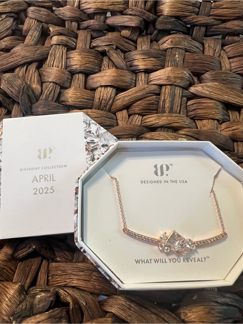 bp Rose Gold Triple Crystal Bar Necklace. Delicate Cluster